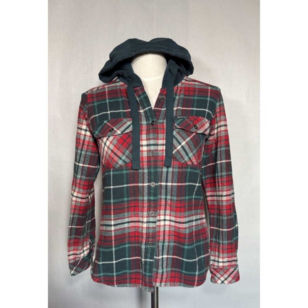 Columbia Red and Green Plaid Hooded Button Down Flannel Top Small Gorpcore - Picture 2 of 8